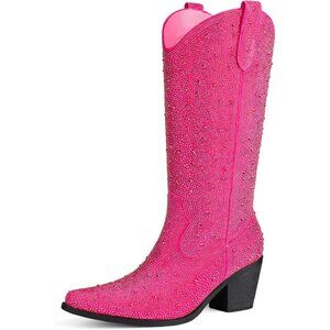 ⚡Women’s Rose Red Rhinestone Cowboy Boots Mid Calf Pointed Toe Block Heel
